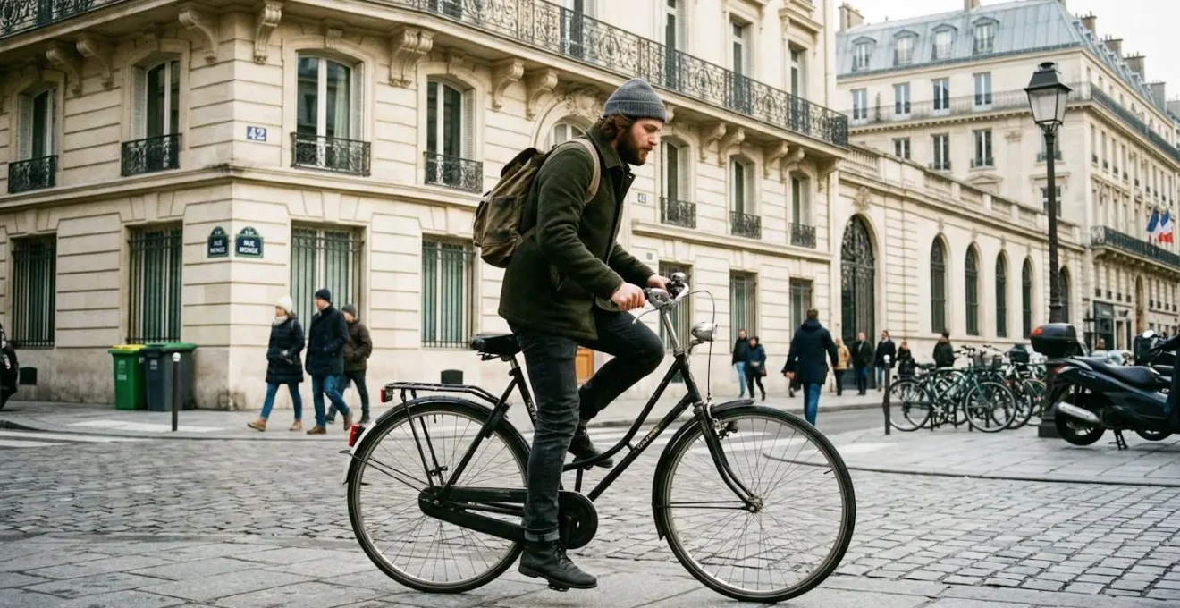 Un cycliste trentenaire descend de son vélo hollandais devant un immeuble parisien aux façades haussmanniennes, lumière matinale d'hiver