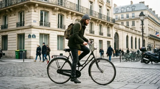 Un cycliste trentenaire descend de son vélo hollandais devant un immeuble parisien aux façades haussmanniennes, lumière matinale d'hiver