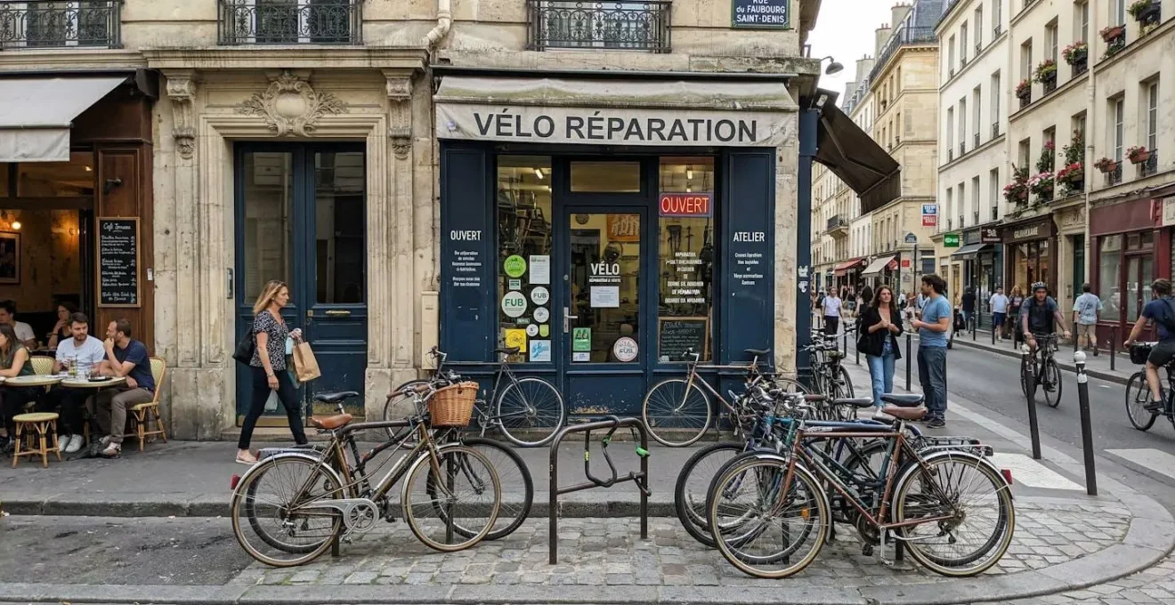 Façade d'un atelier vélo dans un quartier parisien typique, plusieurs vélos garés devant, ambiance de quartier vivant