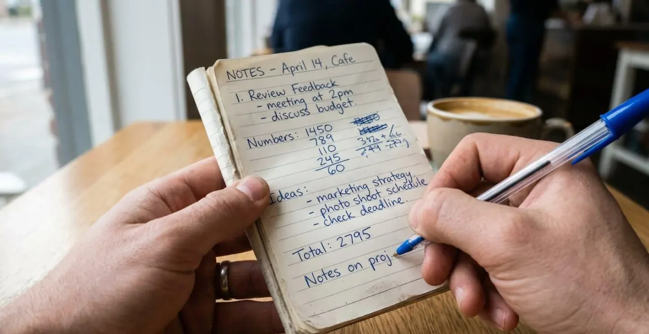 Des mains tiennent un carnet avec des notes manuscrites et des chiffres, tasse de café visible en arrière-plan flouté