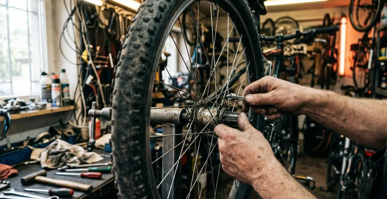 Gros plan sur une roue de vélo en cours de réparation dans un atelier, outils floutés visibles en arrière-plan